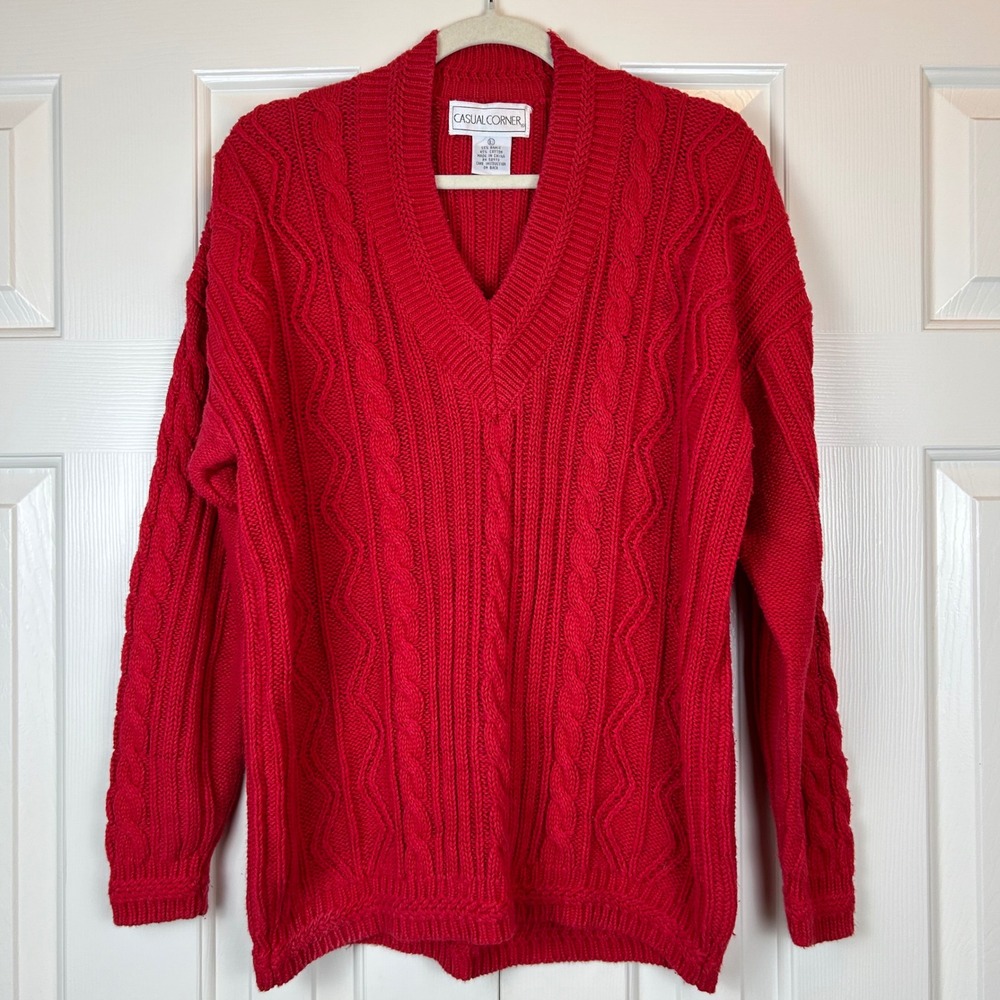 Vintage Casual Corner Red Cable Knit V-Neck Sweater Ramie Cotton Blend Large